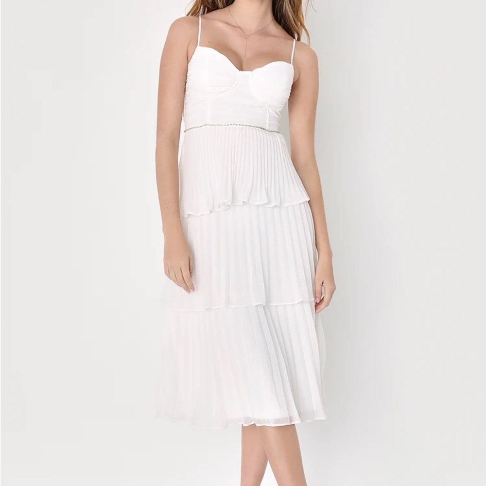 Lulus Charming Forever White Pleated Rhinestone Tiered Midi Dress
